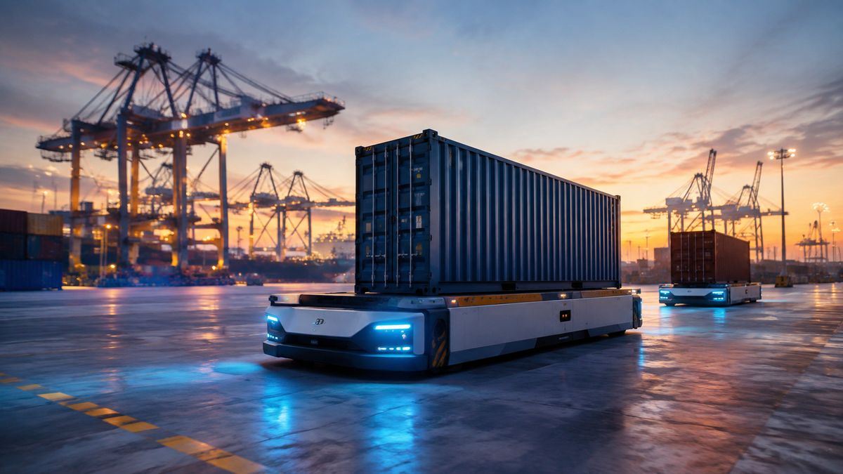 Minh hoạ xe tự hành AGV chở container trong cảng