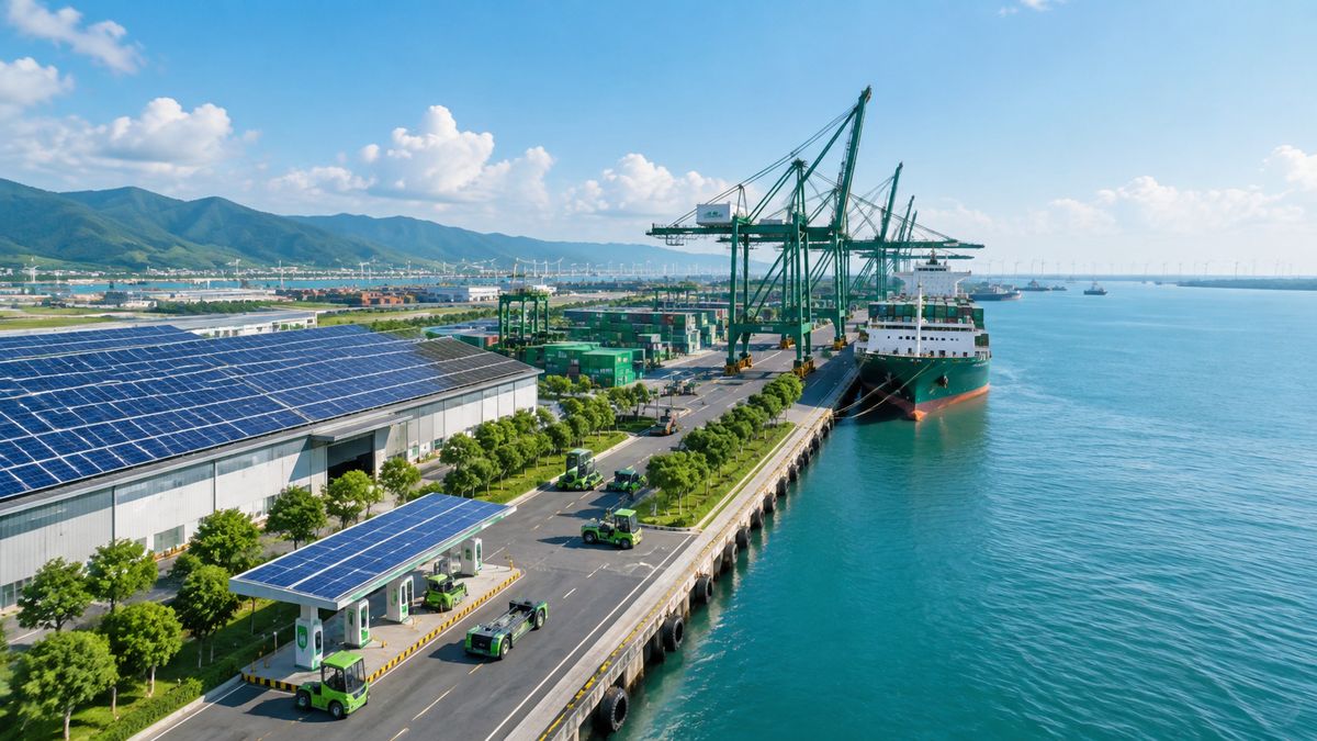 Minh hoạ cảng xanh với điện mặt trời và thiết bị chạy điện